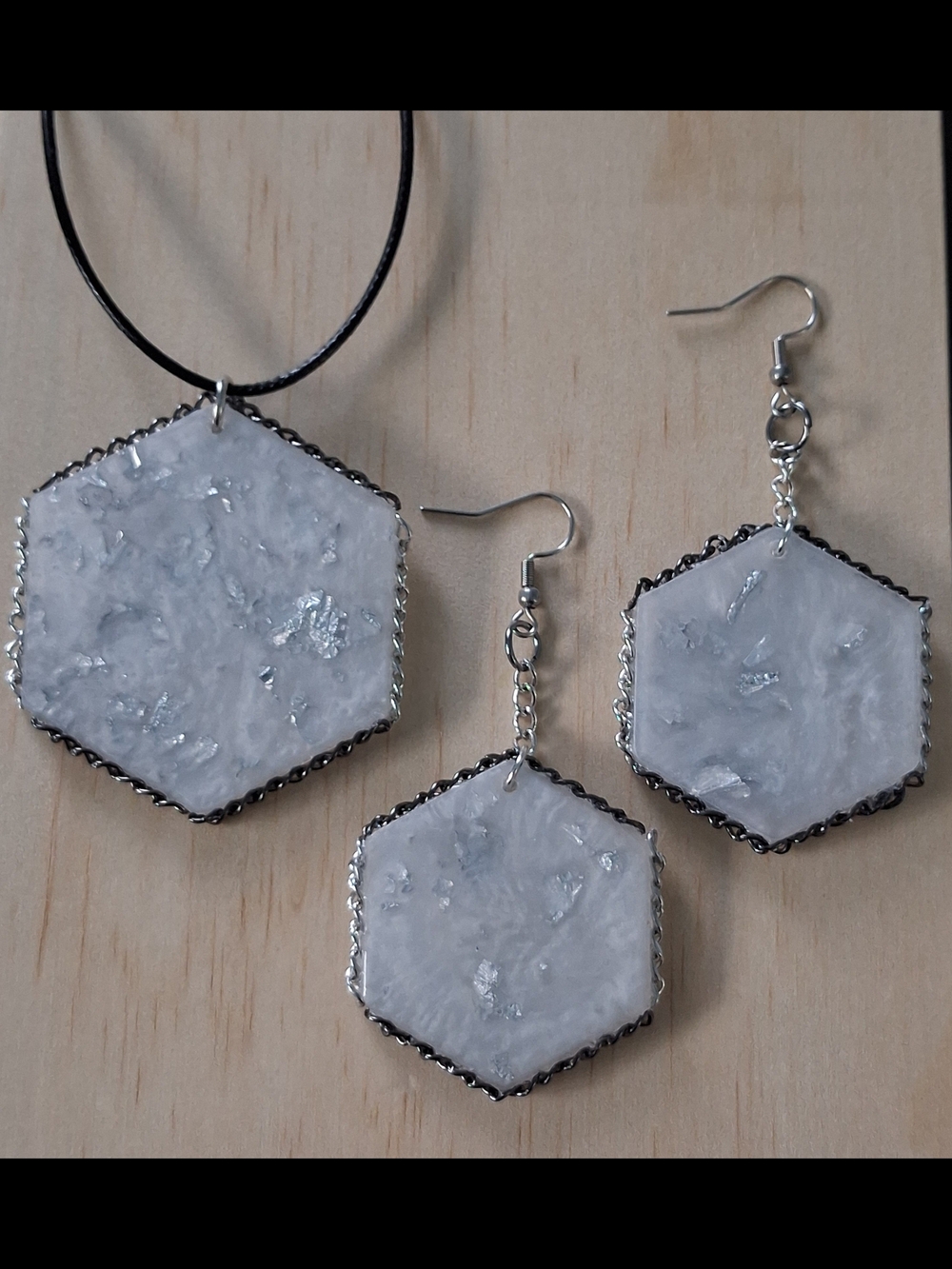 Hexagon White Faux-Quartz Necklace and Earring Set